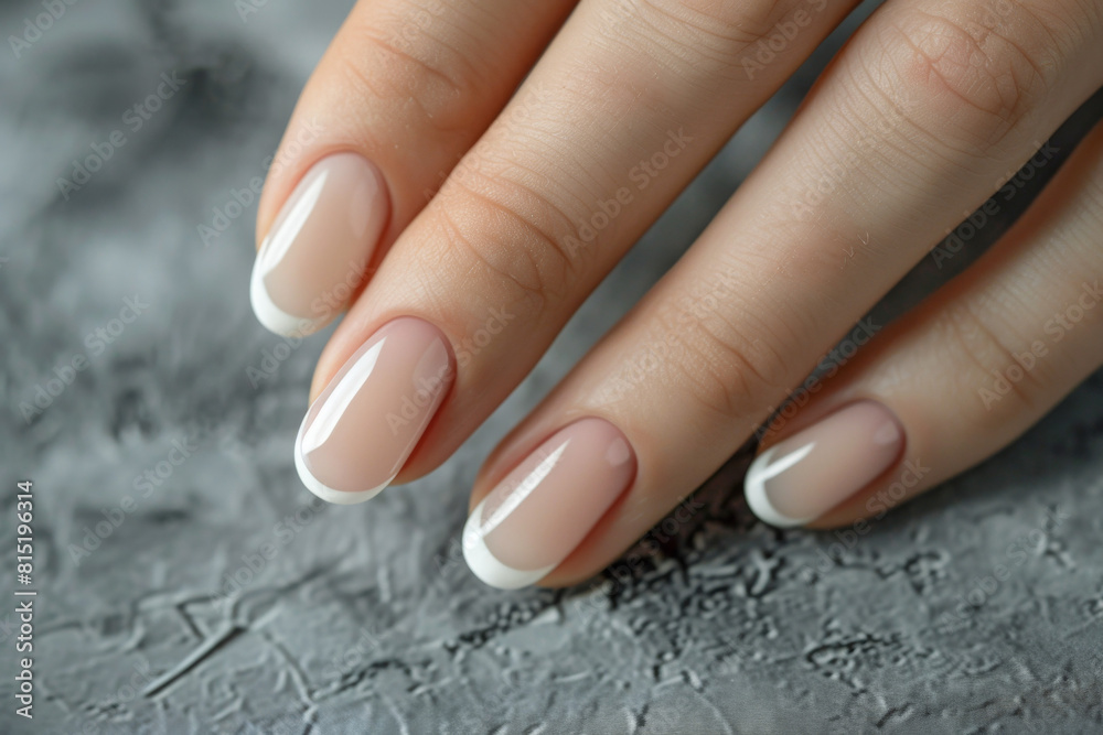 Photo of a woman's hand with well-groomed nails, closeup on a gray background. The color is a light pink and white Photo of a woman's hand with well-groomed nails, closeup on a gray background. The color is a light pink and white