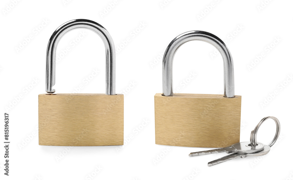 Steel padlock isolated on white, open and locked