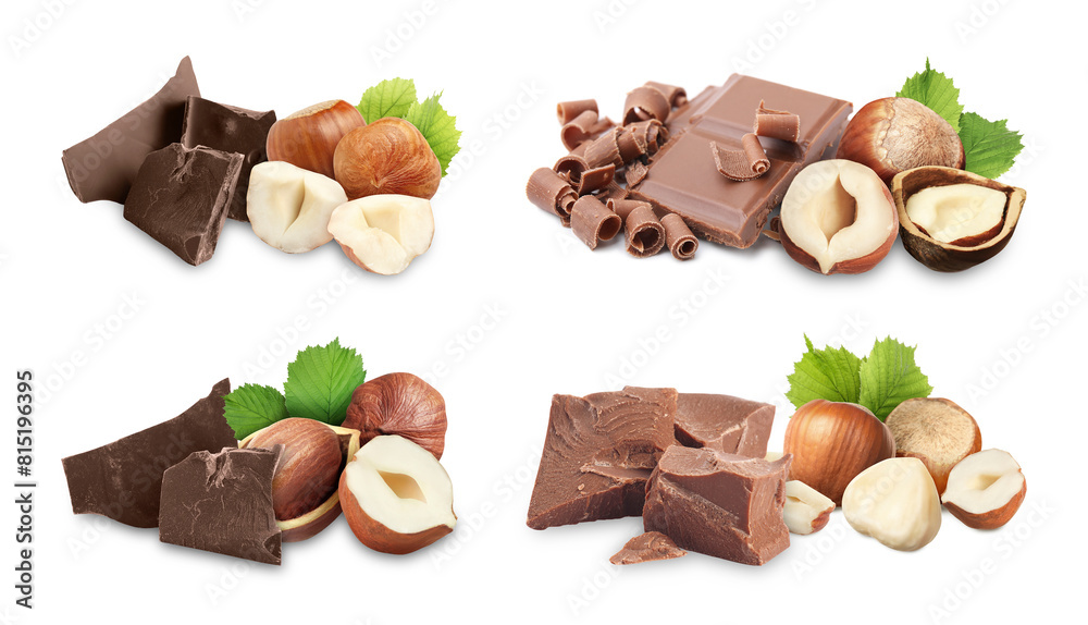 Chocolate and hazelnuts isolated on white, set Chocolate and hazelnuts isolated on white, set
