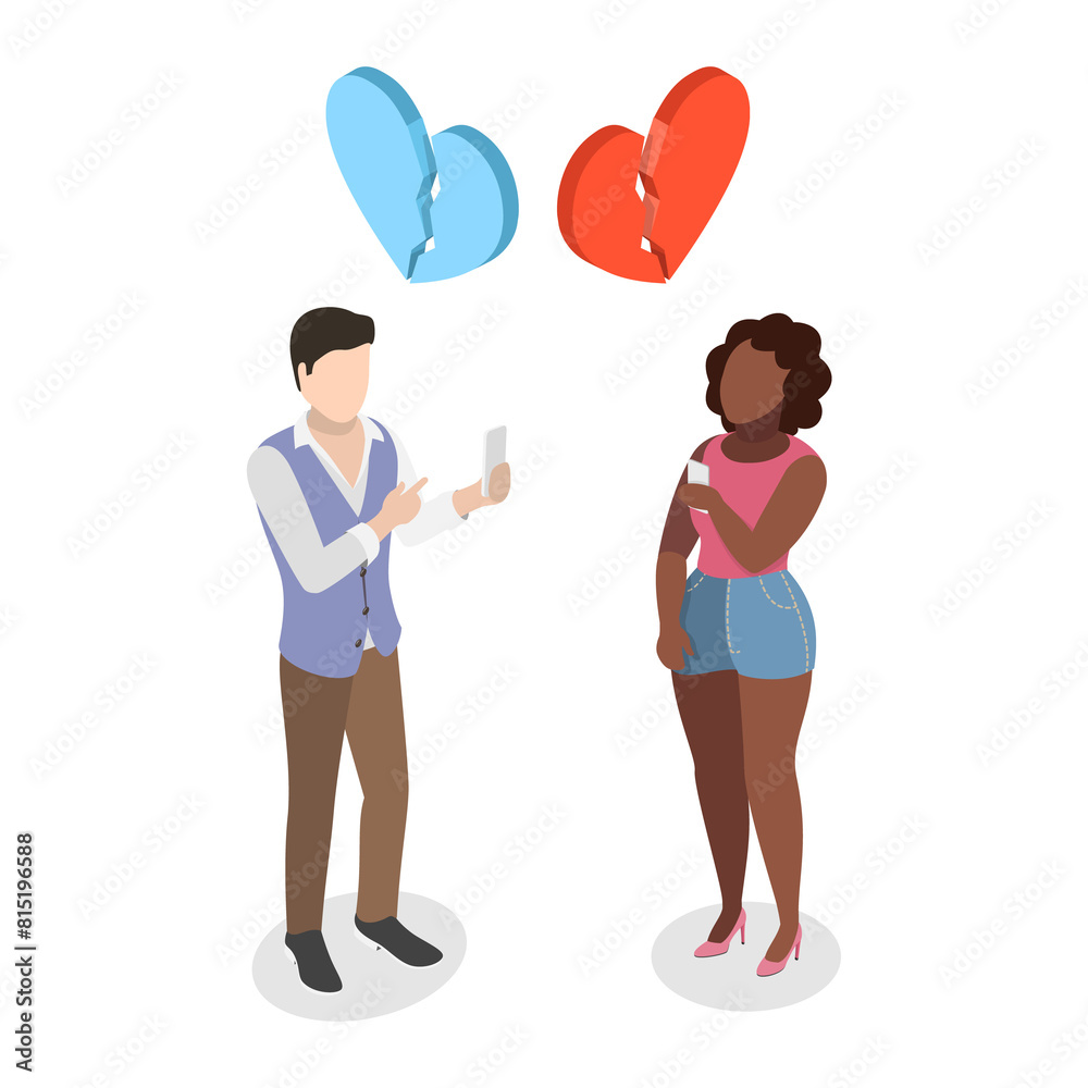 3D Isometric Flat Illustration of Heartbreack, Unhappy Couple with Broken Hearts 3D Isometric Flat Illustration of Heartbreack, Unhappy Couple with Broken Hearts