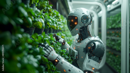 Robot IA Explorant la Croissance des Plantes en Serres Futuristes photo