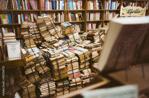 Piles of books in a bookstore in Buenos Aires, Argentina