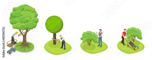 Slika na platnu 3D Isometric Flat  Set of Professional Gardener, Gardens and Parks Maintenance S