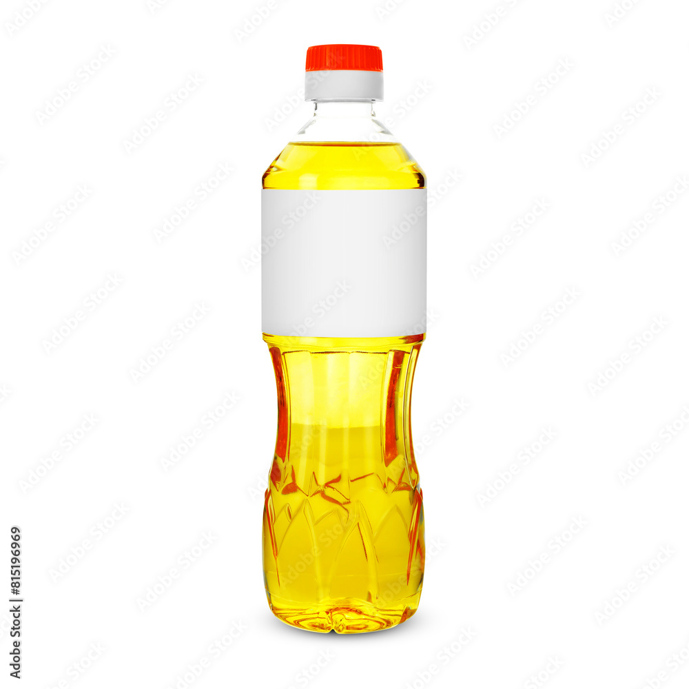 Cooking oil in plastic bottle with empty label isolated on white. Mockup for design Cooking oil in plastic bottle with empty label isolated on white. Mockup for design