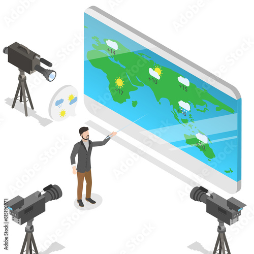 Photos 3D Isometric Flat  Illustration of Weather Forecast, TV Reporter at Work