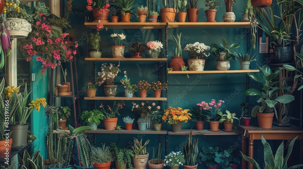 cozy corner of a flower store displaying potted plants and decorative vases.