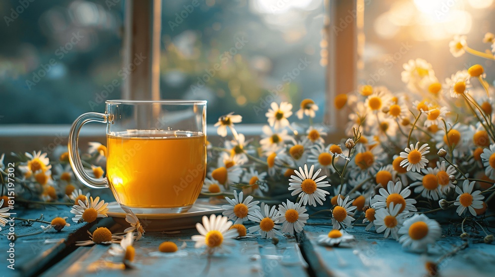 Serene chamomile flowers in full bloom, creating a calming and natural background. Serene chamomile flowers in full bloom, creating a calming and natural background.