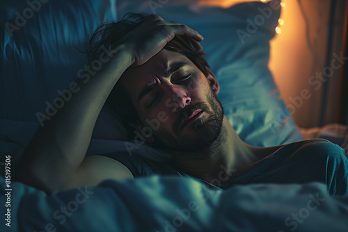 Man Laying in Bed With Head Resting on Hand photo