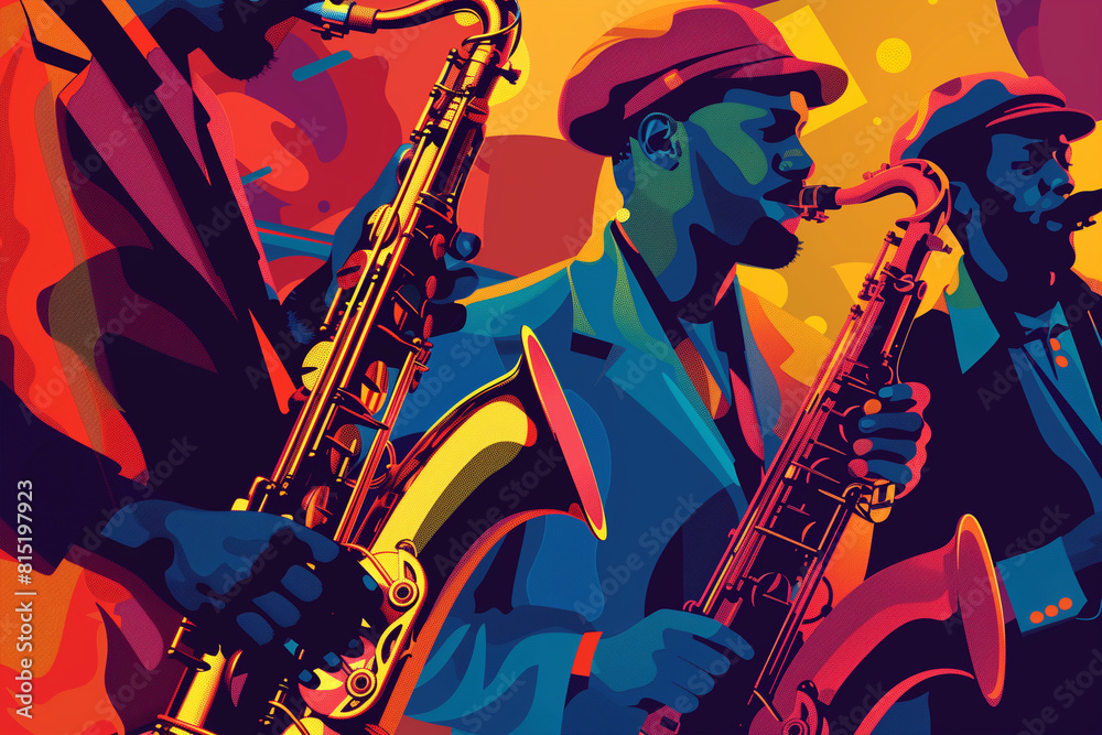 Fototapeta premium Jazz Musicians Playing Saxophones on Colorful Background