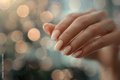 Beautiful woman hand with perfect manicure on blurred background  closeup. Beige color nail polish. spa concept. stock photo contest winner in the style of studio photography  feminine beauty