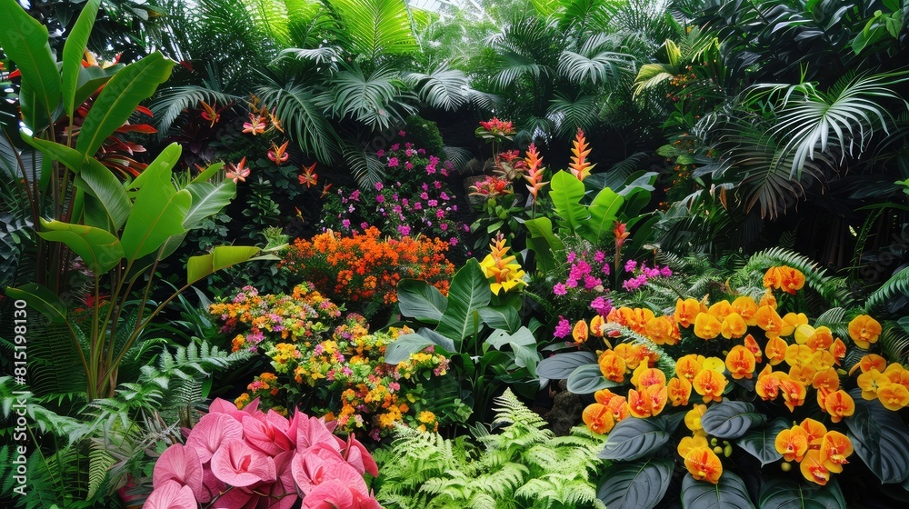 tropical paradise garden bursting with lush foliage and vibrant, exotic flowers.