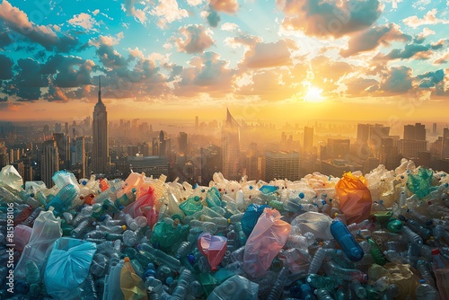 Transform a panoramic skyline into a haunting tableau of a bustling metropolis overrun by shimmering plastic waste Showcase towering skyscrapers entwined with colorful plastic bags photo