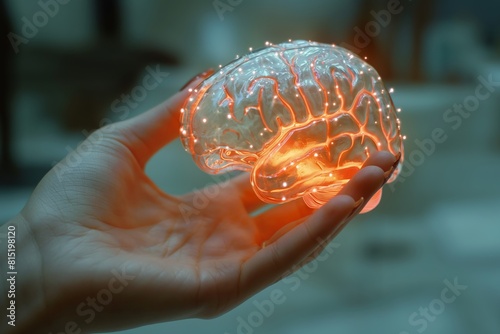 A dynamic image featuring a human hand holding a digitally rendered brain  surrounded by fiery neural trails on a dark background.