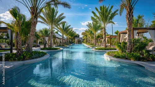 tropical pool oasis with palm trees and cabanas  the perfect getaway for relaxation.