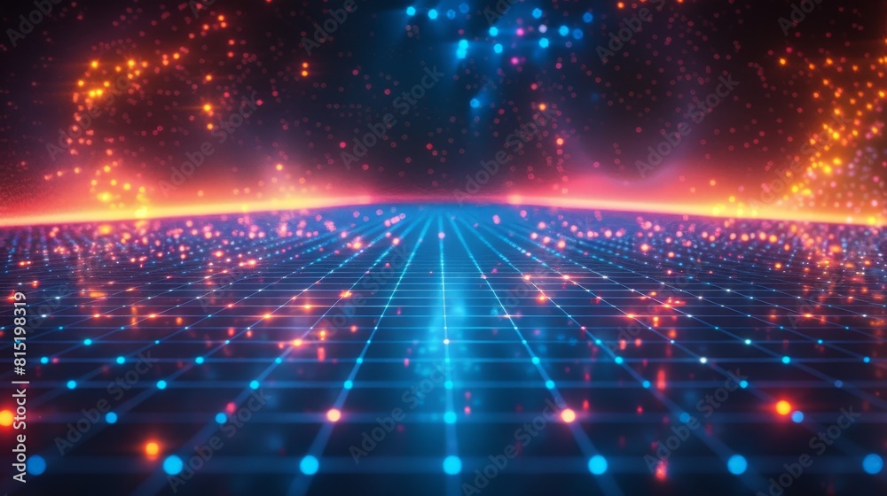 Surreal neon grid landscape with vibrant red and blue lights Surreal neon grid landscape with vibrant red and blue lights
