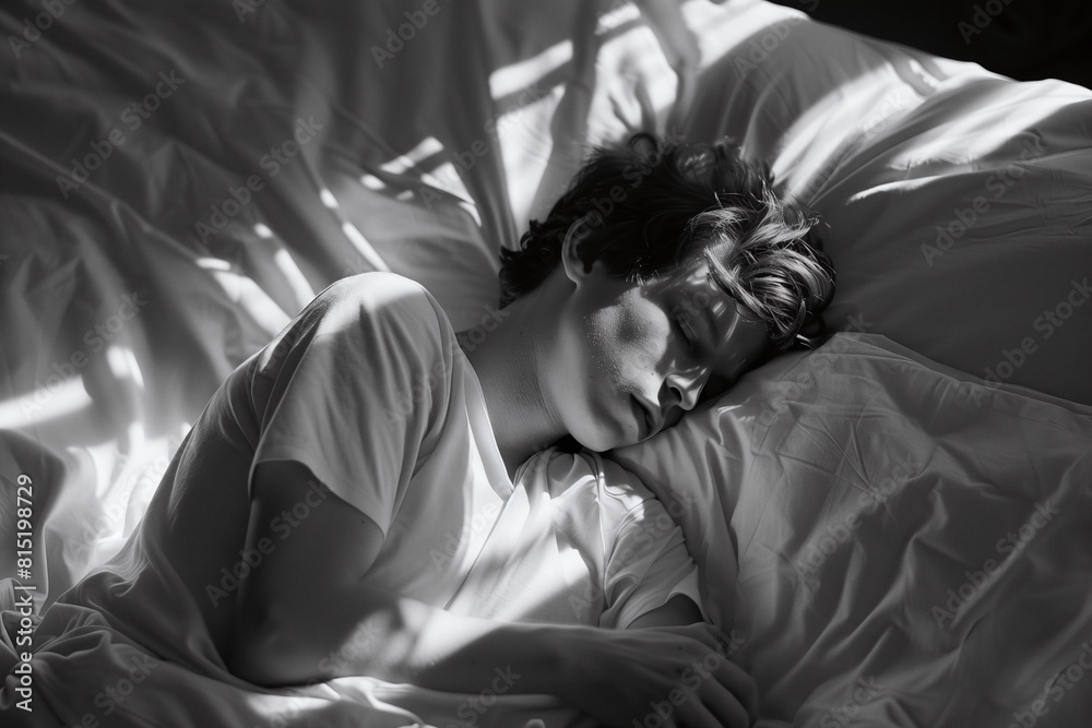 Fototapeta premium A black and white photograph of a man sleeping on the bed.