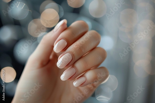 Beautiful woman hand with perfect manicure on blurred background, closeup. Beige color nail polish. spa concept, bokeh, copy space for text