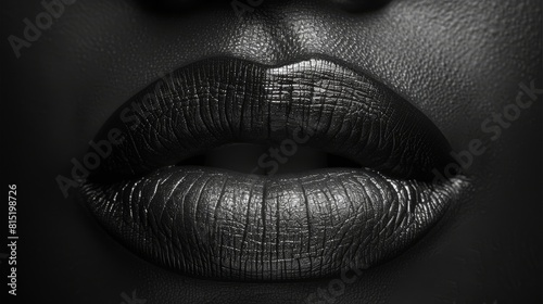 Sultry black lipstick on textured lips close-up focus on details