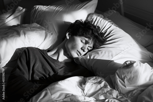 A black and white photograph of a man sleeping on the bed. © NoOneSaid