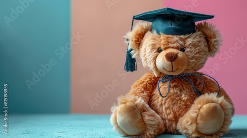 Graduate teddy bear with cap on colorful background