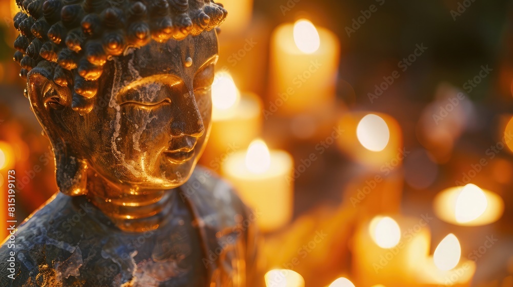 Fototapeta premium Buddha statue bathed in soft candlelight, signifying enlightenment on sacred Buddhist occasions.
