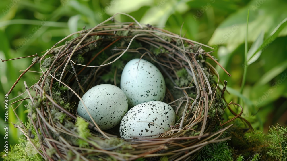 Close-up of a nest woven from twigs and grass, cradling a clutch of tiny eggs, a symbol of nature's delicate balance. Close-up of a nest woven from twigs and grass, cradling a clutch of tiny eggs, a symbol of nature's delicate balance.