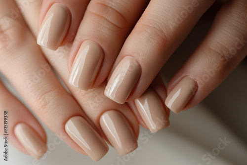 Close-up of a woman s hands featuring elegant color manicure. Beautiful  natural gel polish manicure on square nails.