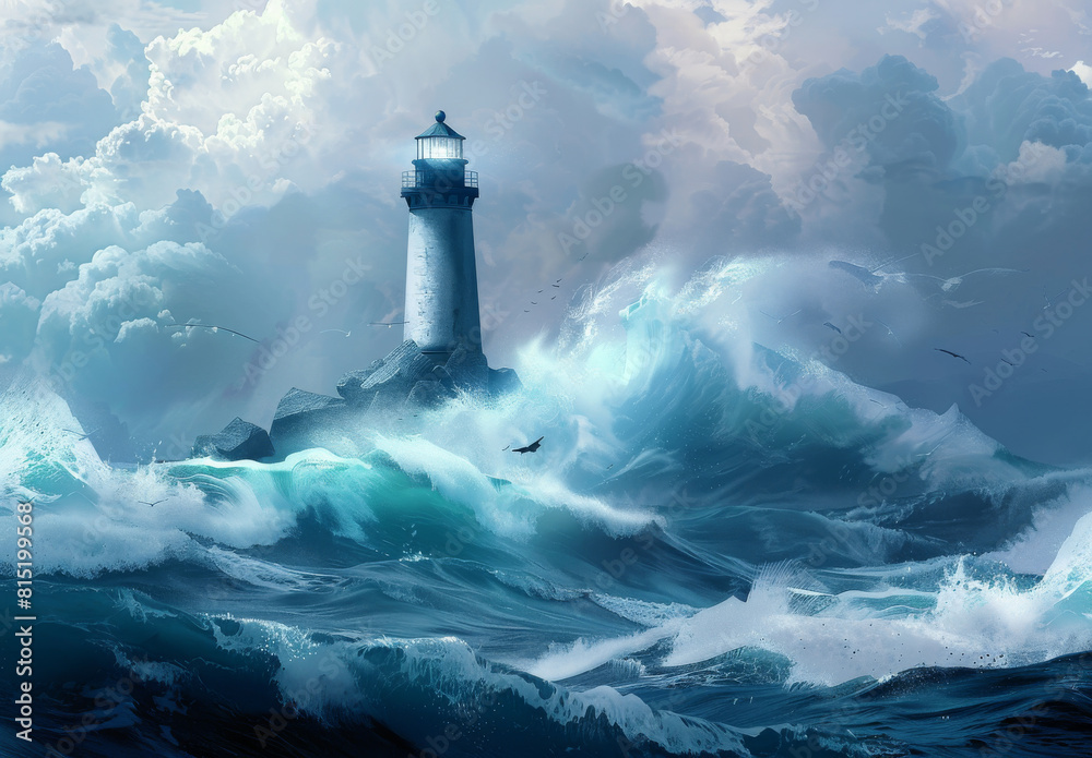 Picturesque lighthouse standing tall against crashing waves
