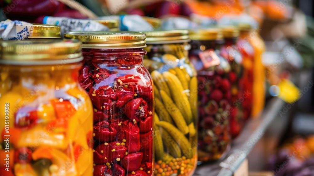 Jars of pickled vegetables displayed on a farmer's market stall, enticing shoppers with their vibrant colors. Jars of pickled vegetables displayed on a farmer's market stall, enticing shoppers with their vibrant colors.