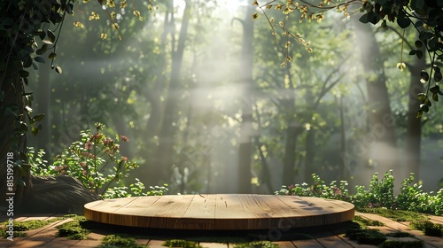 Wooden Podium in Sunlit Forest Clearing
