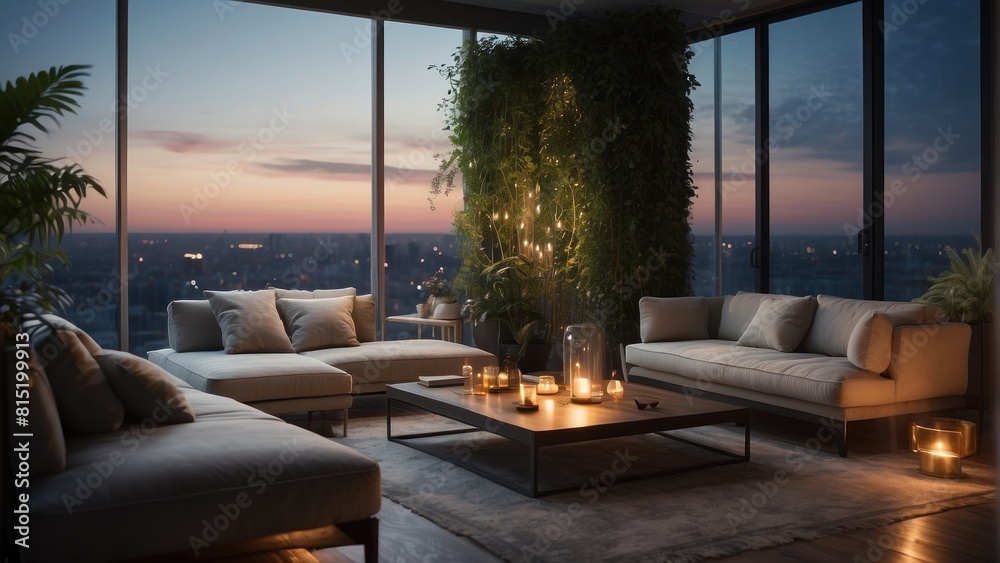 Fototapeta premium Luxury living room in an apartment building, evening