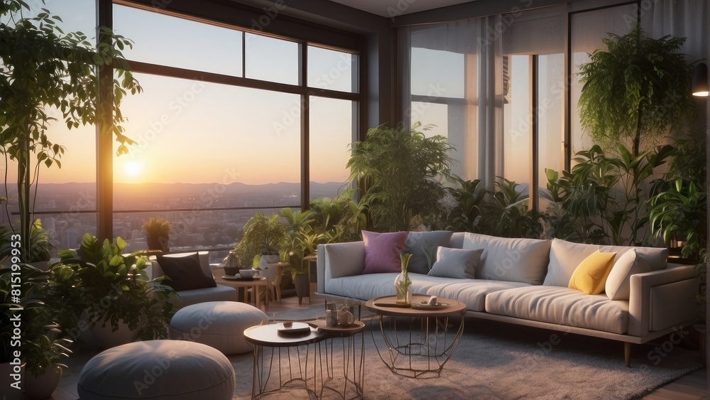 Fototapeta premium Luxury living room in an apartment building, evening