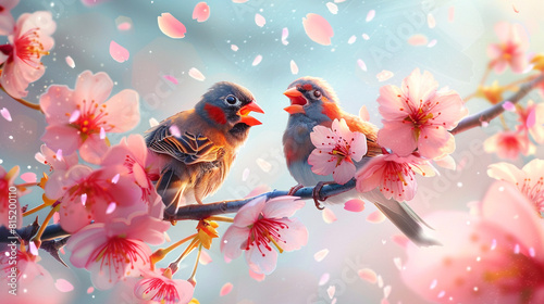 A pair of lovebirds singing a sweet duet perched on a blooming cherry blossom branch, petals gently falling around them. photo