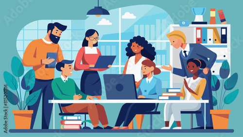 group of office workers collaborating on a project