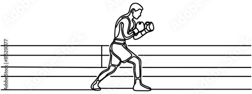 Single continuous line drawing of young agile man boxer improve his fight stance at gym. Fair combative sport concept. Trendy one line draw design vector illustration for boxing game promotion media.