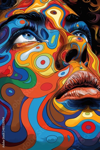 A painting of a woman s face with colorful swirls on it  AI