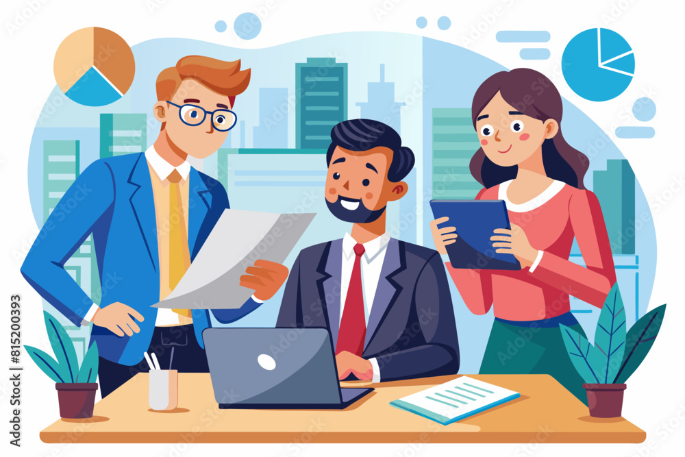 boss reviewing a report with employees boss reviewing a report with employees