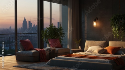 Luxury evening bedroom, cityscape view