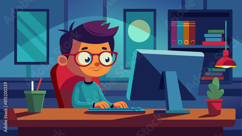 cartoon character at a desk staring at a computer screen