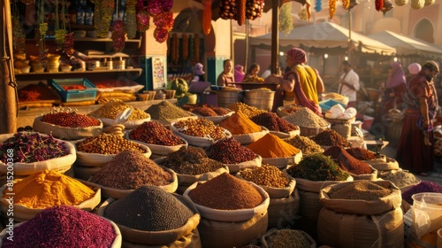 Vibrant Marketplace Display of Exotic Spices and Aromatic Ingredients 
