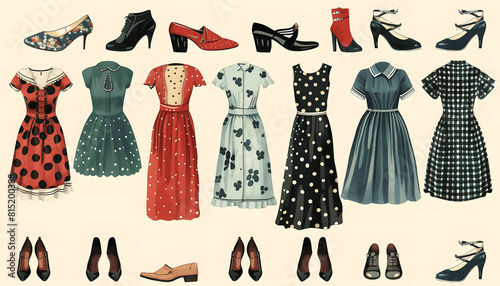 Clipart of vintage inspired fashion with retro dresses polka dot blouses and wingtip shoes arran Generative AI photo