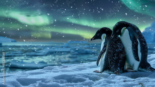 Two Adelie Penguins huddled together for warmth on a snowy Antarctic beach, the aurora australis shimmering in the night sky above. photo