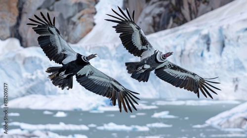 Two Andean Condors soaring effortlessly above a glacial lake in the Andes Mountains, their vast wingspans casting dramatic shadows on the ice. photo