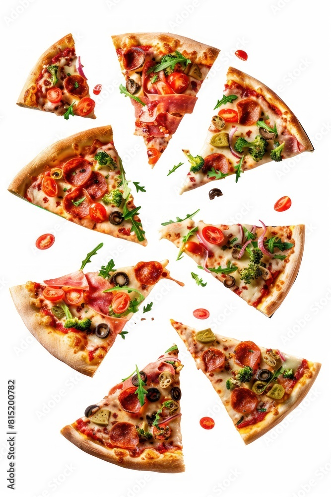 Flying slices of tasty pizzas isolated on white background Flying slices of tasty pizzas isolated on white background