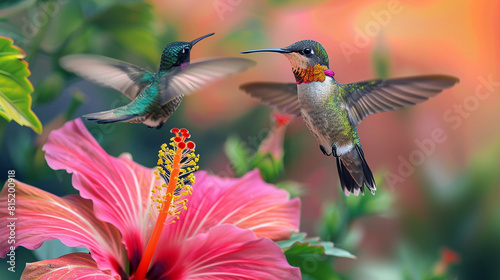 Two hummingbirds hovering gracefully in front of a vibrant hibiscus flower, their iridescent feathers shimmering like jewels.