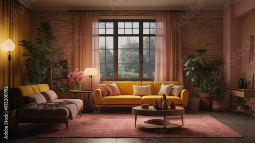 Cozy living room with yellow accents