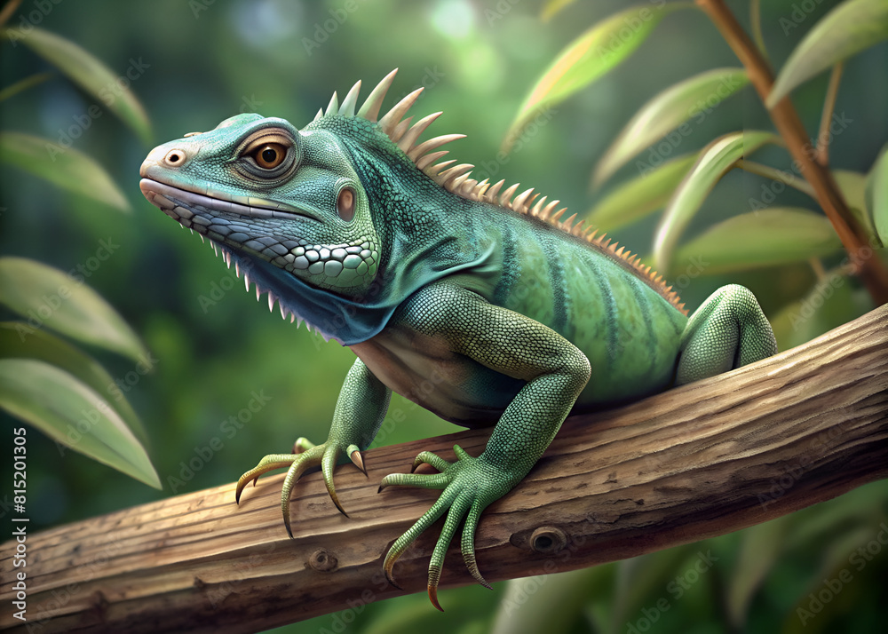 Obraz premium A lizard perches on a tree branch, blending with the green foliage