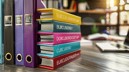 Colorful binders labeled 