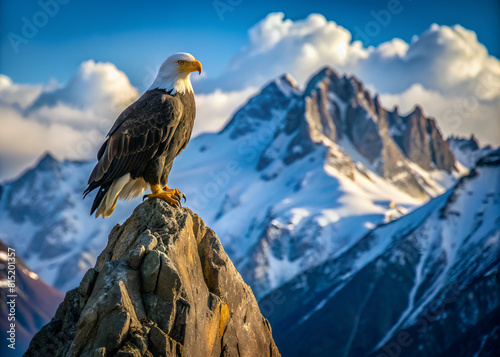 A majestic eagle perched atop a rocky mountain against the sky