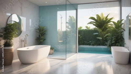 Luxury bathroom with a view of the plants